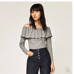 ZARA Gray Ruffle Off The  Shoulder Bodysuit
SIZE S